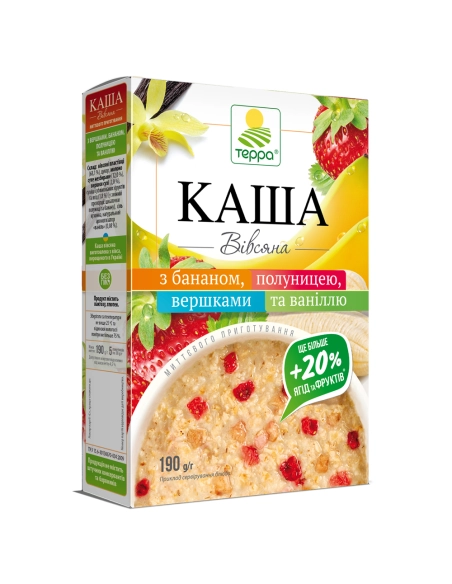 Каша вівсяна з вершками, бананом, полуницею та ваніллю миттєвого приготування 0,19 кг